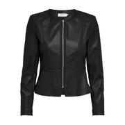 Black polyurethane long blazer with silver zipper and peplum hem in faux leather for women
