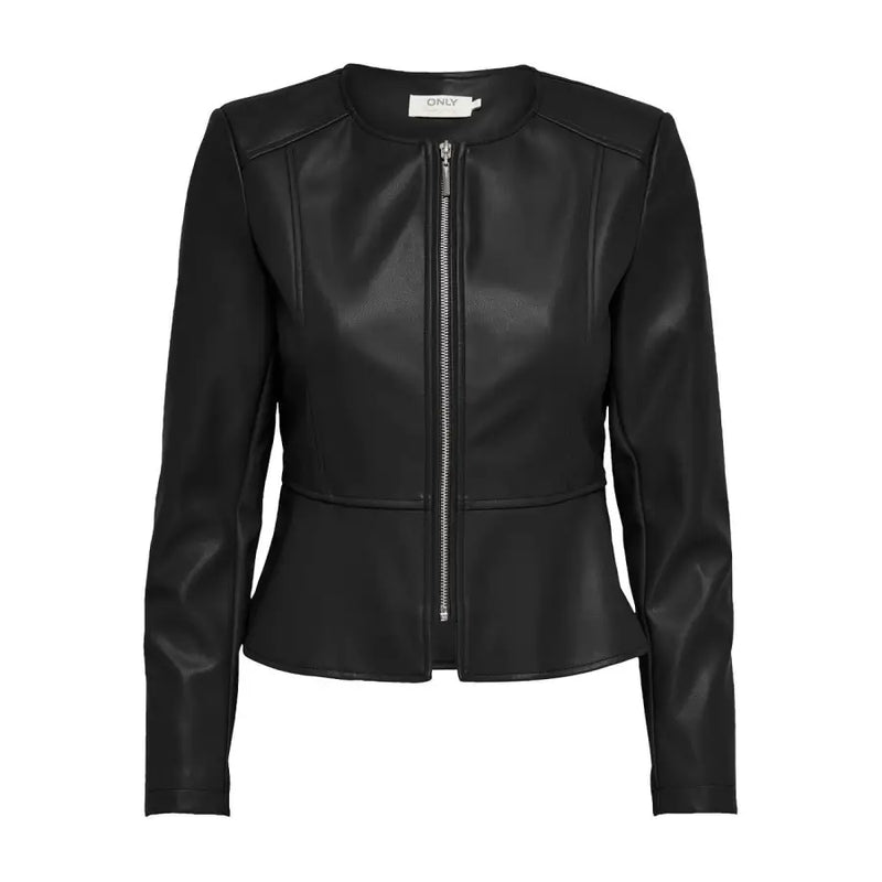 Black polyurethane long blazer with silver zipper and peplum hem in faux leather for women