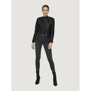 Black polyurethane long blazer for women featuring a high collar, silver zippers, and faux leather bomber jacket style