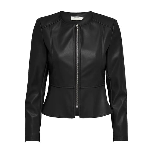 Black polyurethane long blazer with silver zipper and peplum hem in faux leather for women