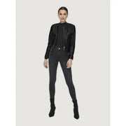 Black polyurethane long blazer for women featuring a high collar, silver zippers, and faux leather bomber jacket style