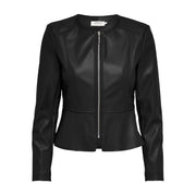 Black faux leather peplum blazer with silver zipper for women