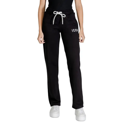 Black printed cotton polyester trousers with white drawstring and logo