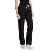 Black printed cotton polyester trousers with white drawstrings and a small logo on the thigh in black color