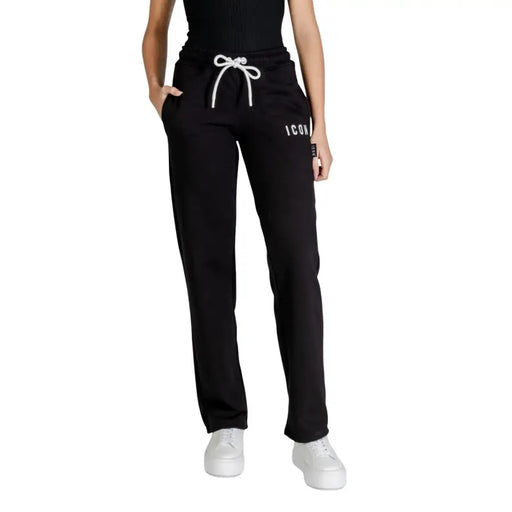 Black printed cotton polyester trousers with white drawstring and icona logo on the thigh in black color