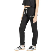 Black printed cotton polyester women’s trousers with laces and icon print