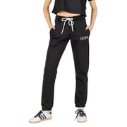 Black printed cotton polyester women’s trousers with laces and icon branding