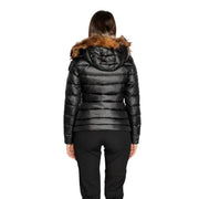 Black puffer jacket with fur-trimmed hood from Blauer Women featuring zip pockets
