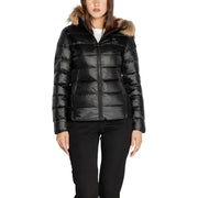 Black puffer jacket with a fur-trimmed hood from Blauer for women, featuring zip pockets