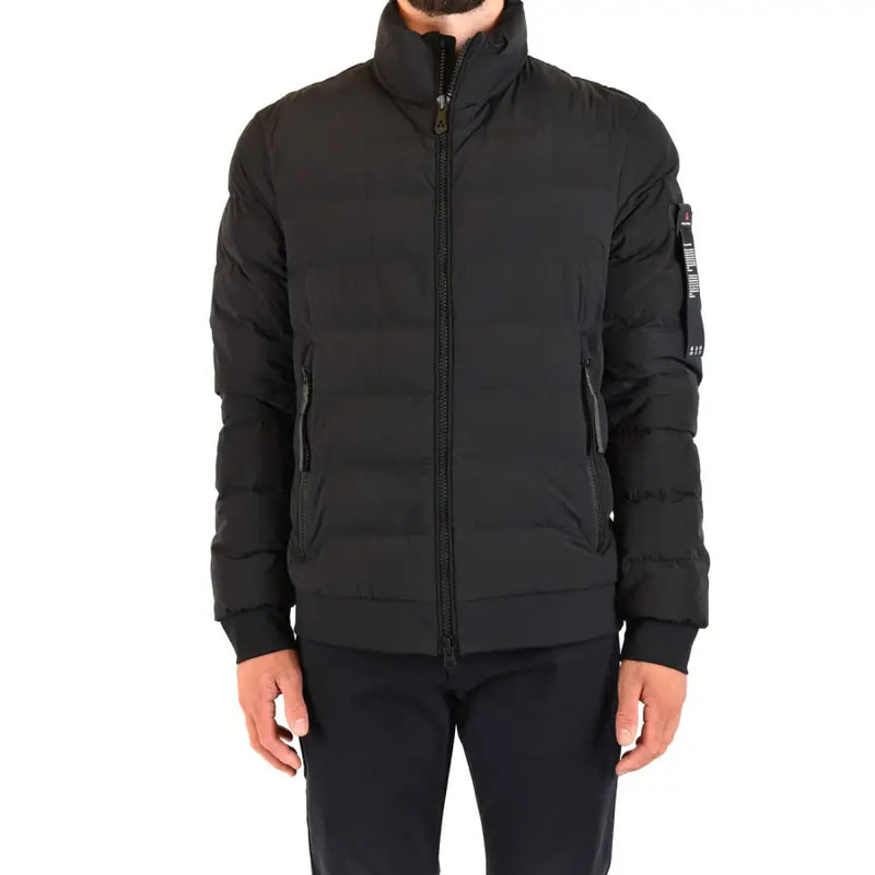 Black puffer jacket with quilted design and high collar for warmth and style in cold weather conditions
