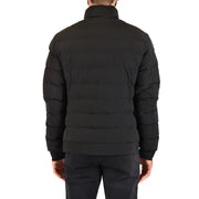 Black puffer jacket with high collar and horizontal stitching designed for warmth and style