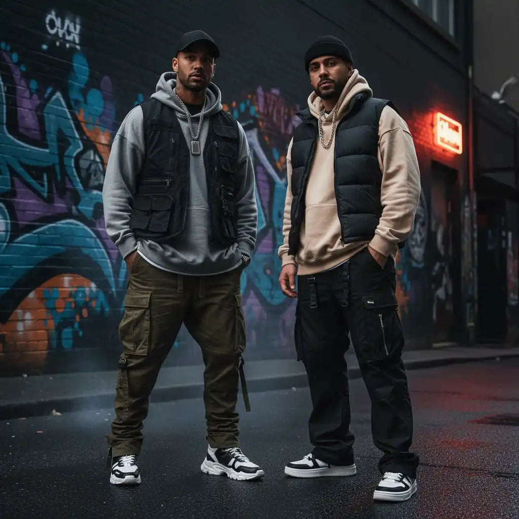 Two men standing in front of a graffiti-covered wall at night.