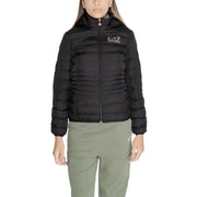 Black puffy winter jacket with EA7 logo for women, showcasing stylish warmth and comfort