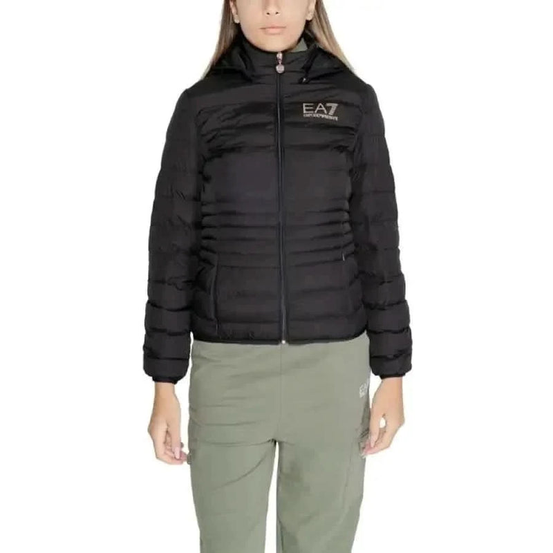 Black puffy winter jacket with EA7 logo for women, showcasing stylish warmth and comfort