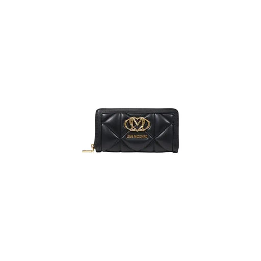 Black quilted wallet with gold logo and zipper, stylish accessory for everyday use