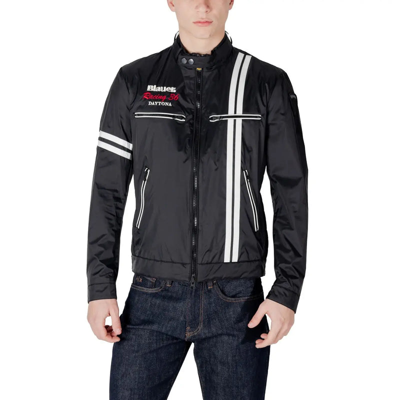 Black racing style motorcycle jacket with white racing stripes and reflective zipper pulls by Blauer 50 Daytona