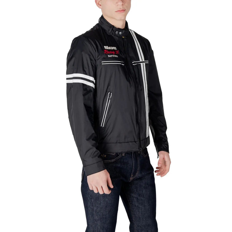 Black racing style jacket featuring white stripes and embroidered blues racing datto logo on the front