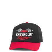 Black and red Chevrolet racing baseball cap with embroidered checkered flags and red bowtie emblem logo