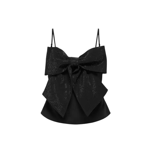 Black rhinestone embellished sequined bow crop top with thin straps