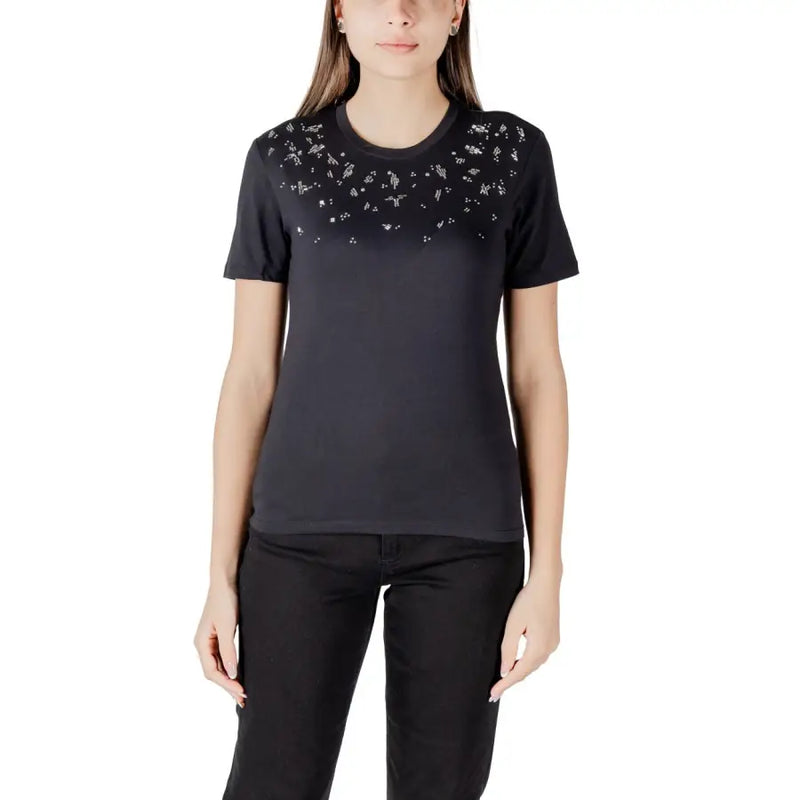 Black Rhinestone Round Neck Short Sleeve Women’s T-Shirt