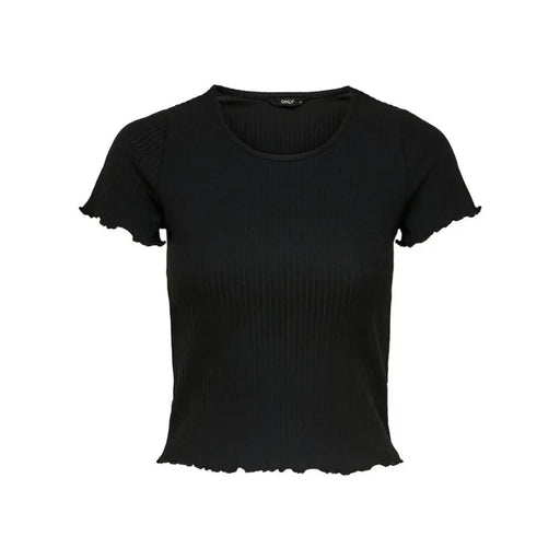 Black ribbed short sleeve womens t-shirt with frayed edges and round neckline featuring brand label