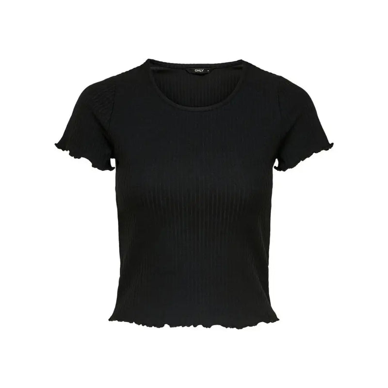 Black ribbed round neck short-sleeve women’s crop top with frayed edges