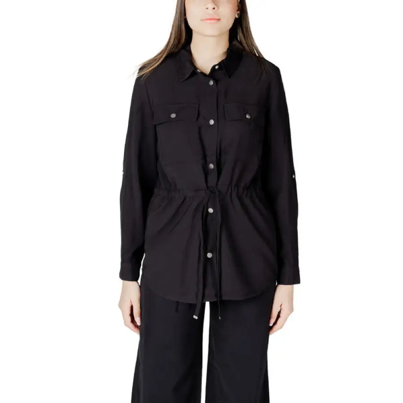 Black drawstring shirt displayed on a Womens Beige Button Down Drawstring Shirt product