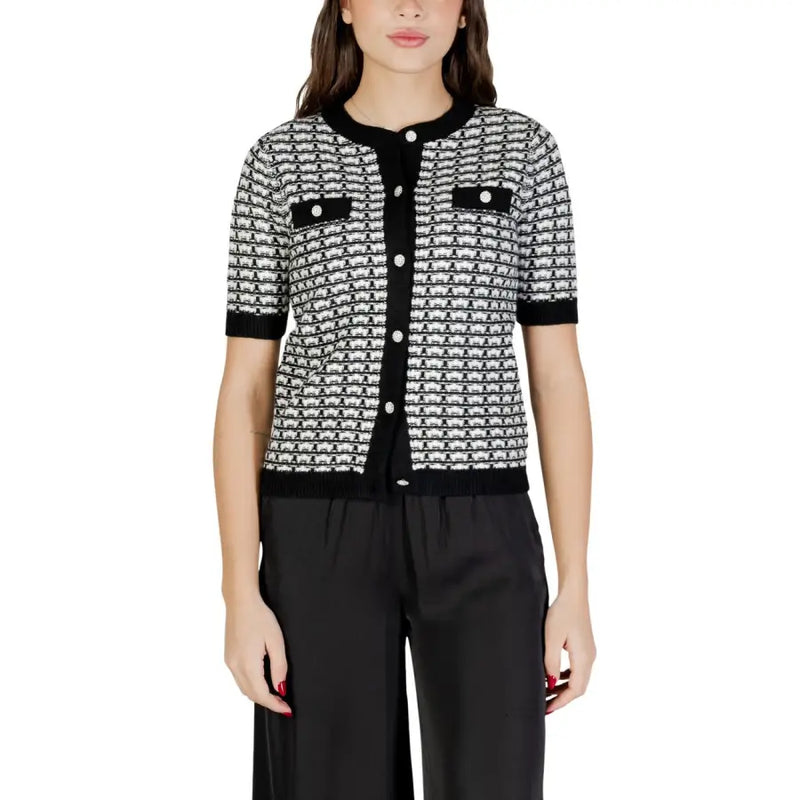 Black and white tweed short-sleeved button-front cardigan by Morgan De Toi