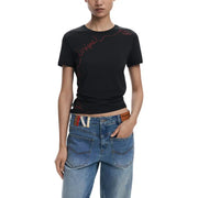 Black short-sleeve crew neck T-shirt with red embroidered design from Desigual Women collection