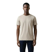 Black short sleeve crewneck t-shirt featuring a beige calvin klein design with a small embroidered logo on the left chest