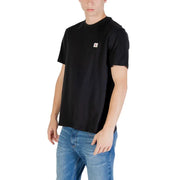 Black short sleeve crewneck t-shirt made of cotton with a small white Calvin Klein logo patch on the left chest