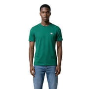 Black short sleeve crewneck t-shirt featuring a green calvin klein fabric with a small white logo on the left chest