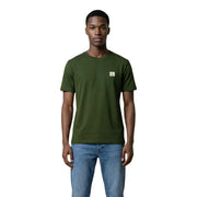 Black short sleeve crewneck t-shirt in olive green cotton with a small white Calvin Klein logo patch on the left chest