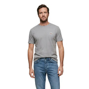 Black short sleeve crewneck t-shirt in gray featuring a small red and white Calvin Klein logo on the left chest