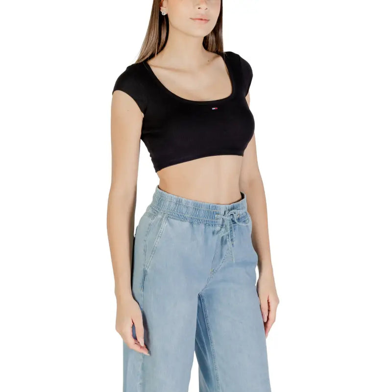 Black cotton stretch crop top with square neckline and embroidered logo for women