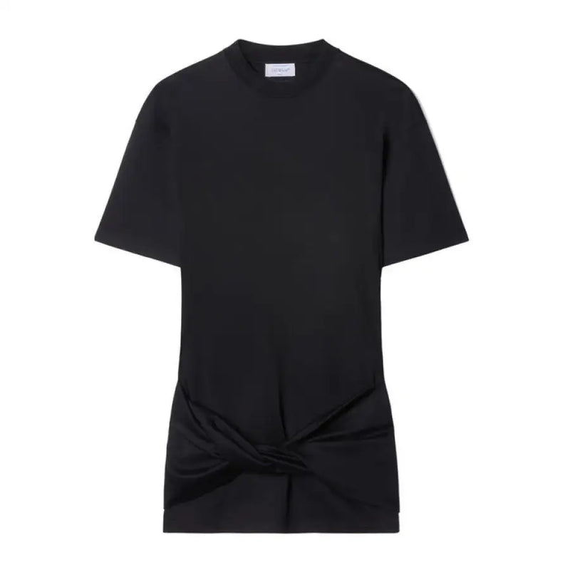 Black short-sleeved mini dress with knotted detail and sculptural heels