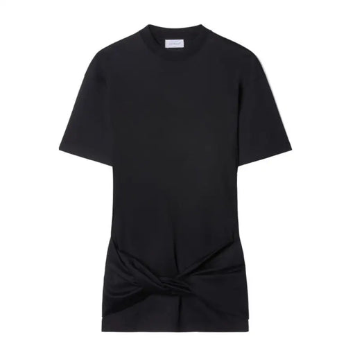 Black short-sleeved mini dress with knotted detail and sculptural heels