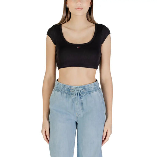 Black short-sleeved scoop-neck crop top from Tommy Hilfiger Jeans for women