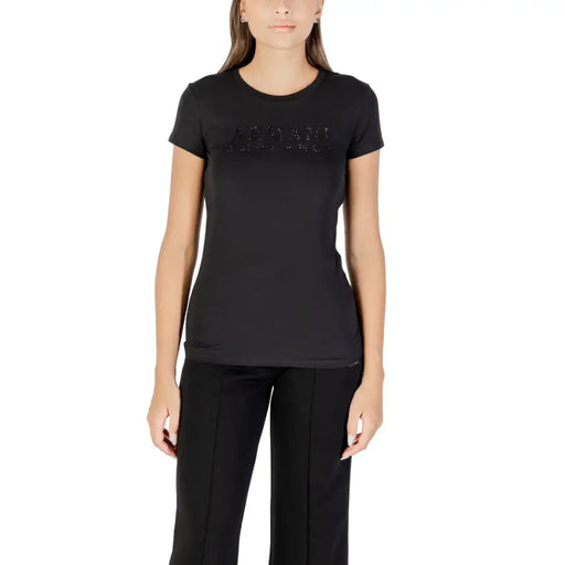 Schwarzes Kurzarmshirt mit Rundhalsausschnitt T-shirt aus Armani Exchange mit Strassdruck
