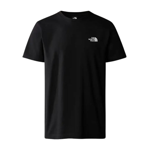 Black short sleeved t shirt made of cotton with a white embroidered logo on the left chest for casual wear
