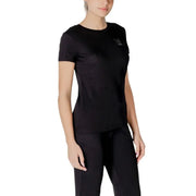 Black short-sleeved crewneck T shirt displayed in product listing