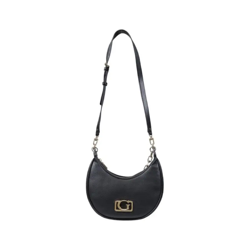 Black shoulder bag with gold logo from Black Crescent Purse with Chain Strap and Gold Logo