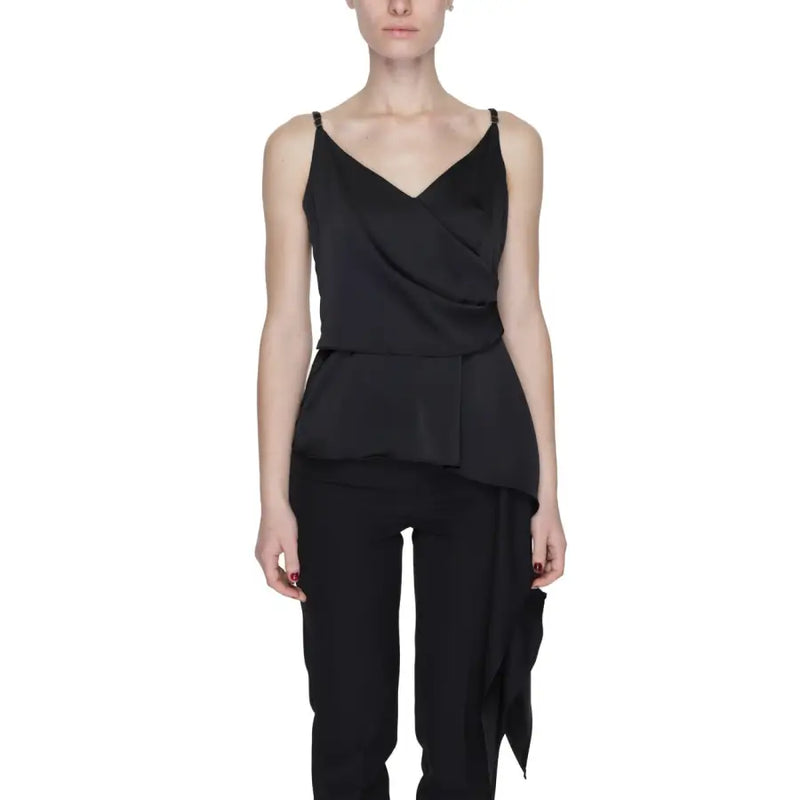 Black satin camisole with draped front and peplum hem featuring a sweetheart neckline from black silence collection