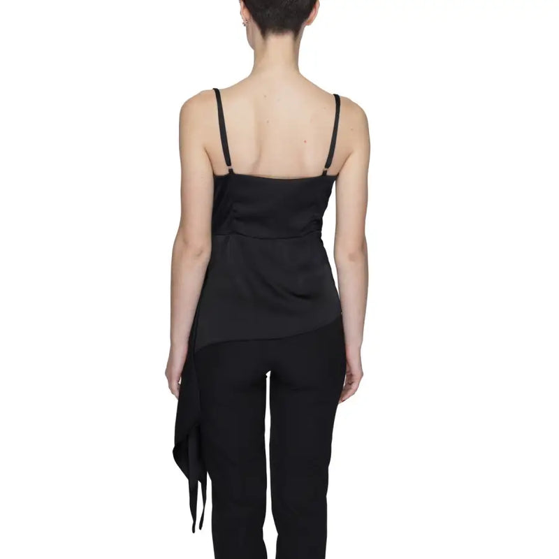 Black satin camisole with thin straps and draped asymmetrical hemline featuring a sweetheart neckline