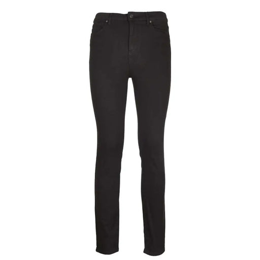 Black skinny denim jeans featuring slim fit black denim material with a classic five-pocket design