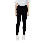 Black skinny jeans featuring a sleek, form-fitting design with high-waisted cut in durable black denim material
