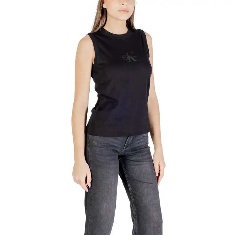 Black cotton sleeveless tank top with crew neck and subtle Calvin Klein logo