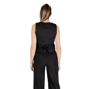 Women’s black sleeveless linen viscose V neck gilet with front pockets and tie-back detail