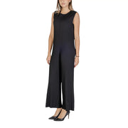 Black sleeveless polyester jumpsuit with pleated bodice wide-leg pants and front zipper closure
