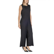 Black sleeveless polyester pleated jumpsuit with wide-leg pants round neckline and zipper closure front view